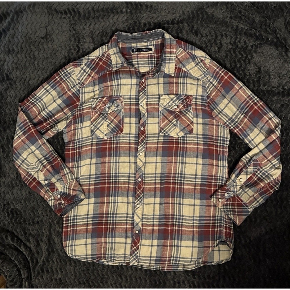 BKE Vintage Red Blue White Plaid Flannel Button Up FlannelMen's XL Pearl Snap